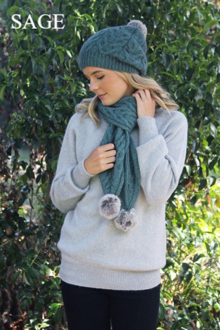 Merino Possum Cable Beanie with Rabbit Fur Pompom image 0